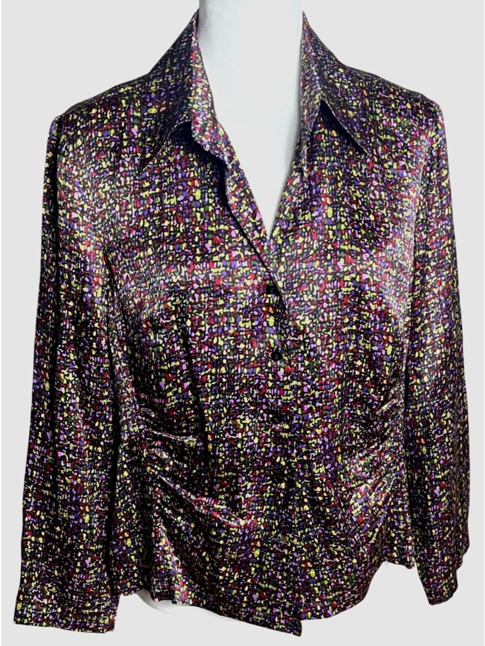 Talbots Silk Abstract Mosaic Blouse Button Colorful Ruched Glam Night Out Wm 14P